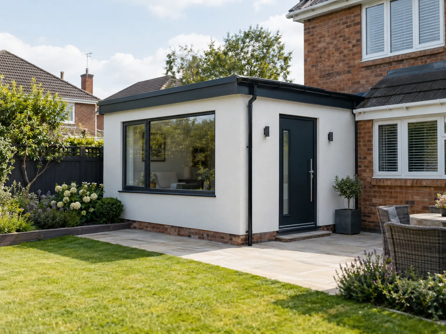 Rear extension with white walls, black-framed windows and dark roof attached to brick home with landscaped garden