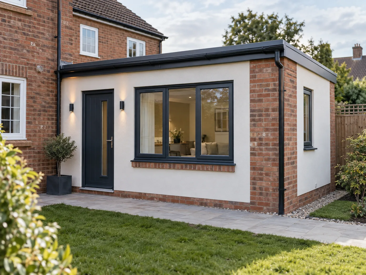 Modern single-storey rear extension with white walls, black bifold doors and large windows attached to brick home