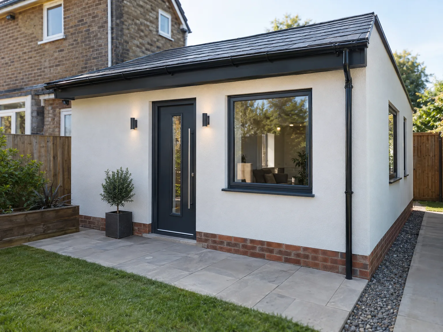 Modern single storey rear extension with white walls, dark roof, frameless windows and contemporary black door entrance