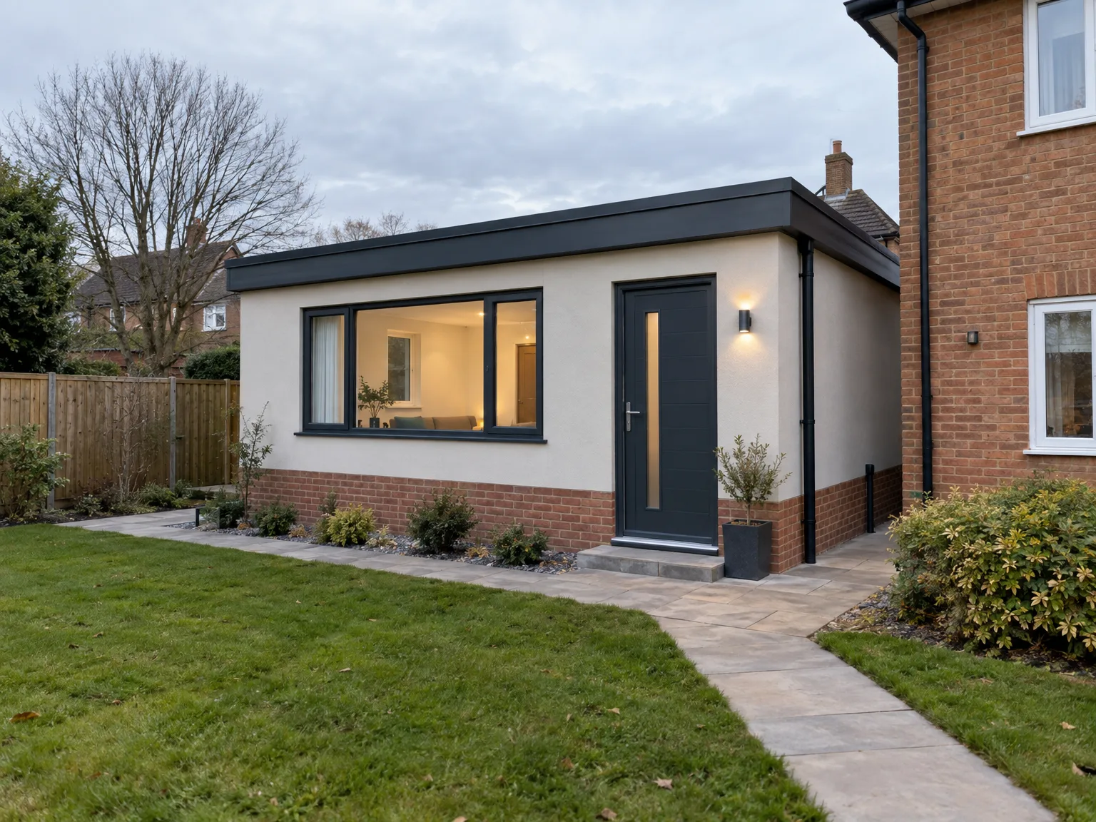 Single storey extension with white rendered walls, black roof and large glazed windows attached to brick house