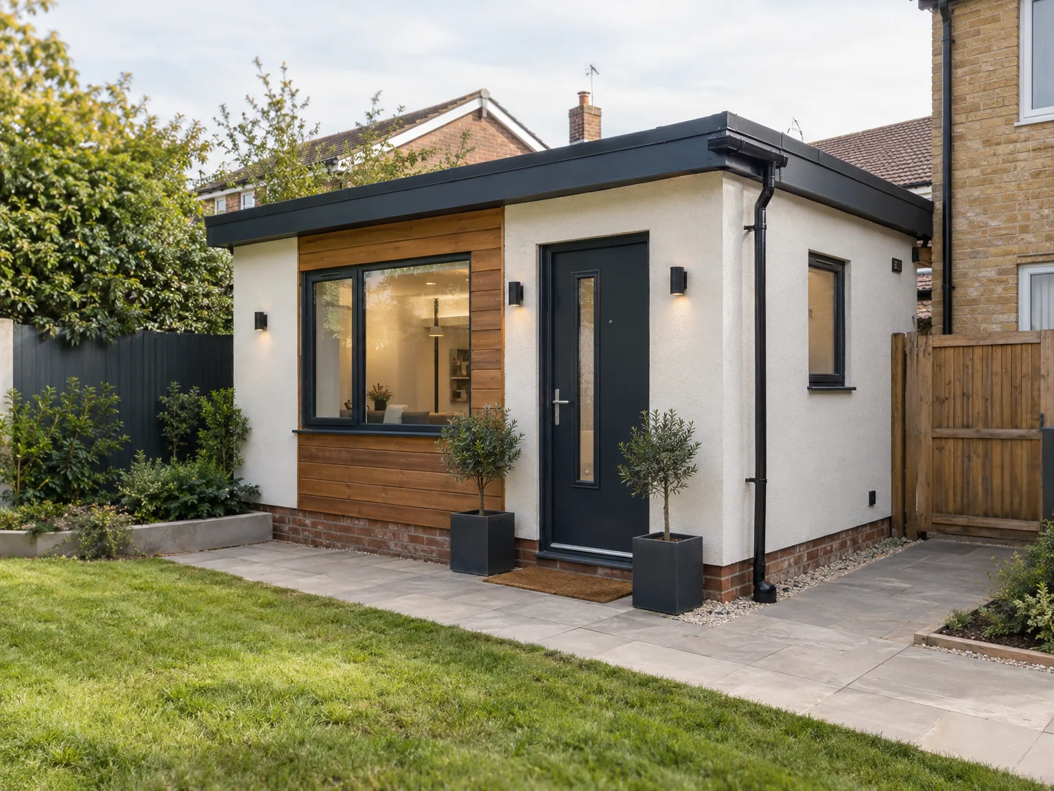 Single storey extension with white render, black framing and bi-fold doors to existing home