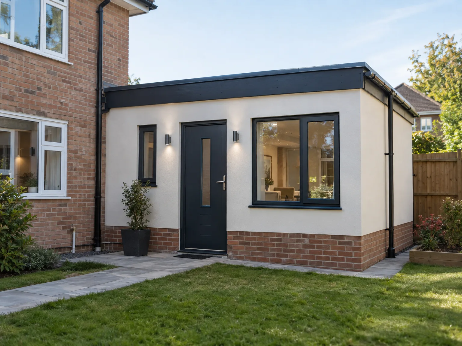 Contemporary single storey extension with white render and black windows next to brick house