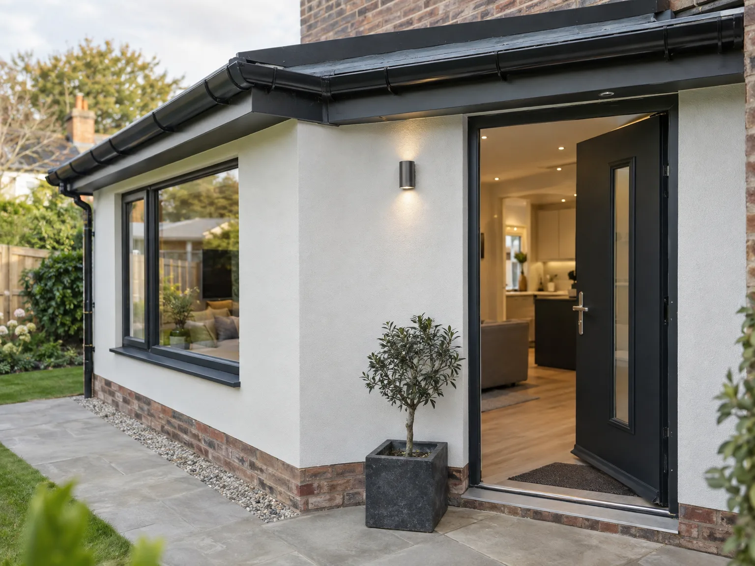 Modern single storey extension with white rendered walls, black-framed bifold doors, and stone patio