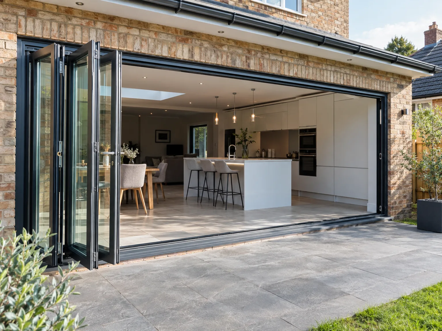 Kitchen Extension with bifold doors opening to patio, white island kitchen and pendant lights