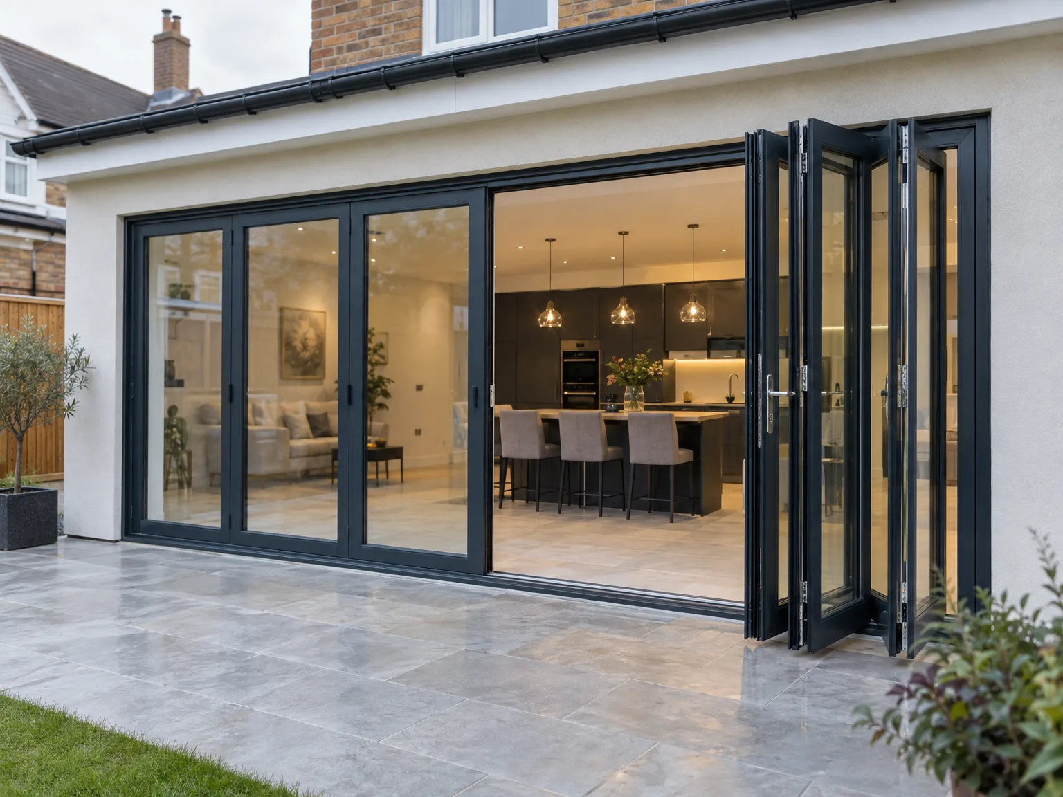 Modern rear extension with black bifold doors opening to contemporary kitchen with island seating and pendant lighting