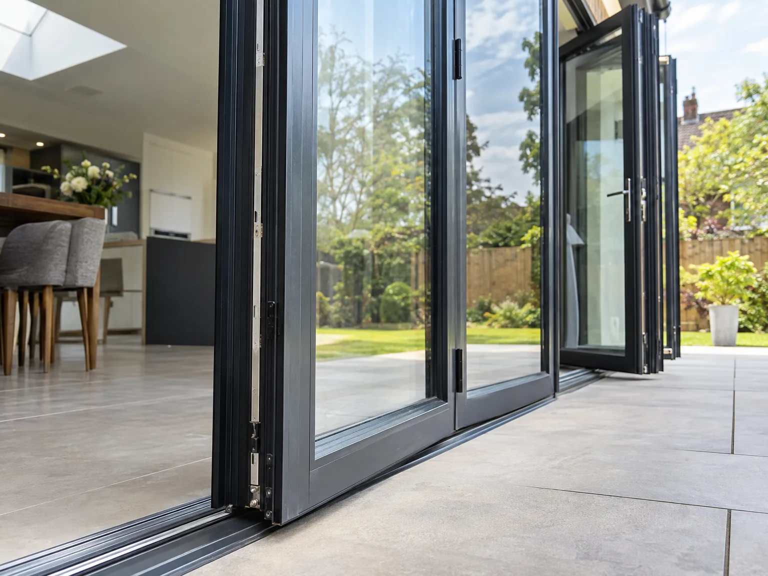 Black bifold doors open to manicured garden with patio and lawn