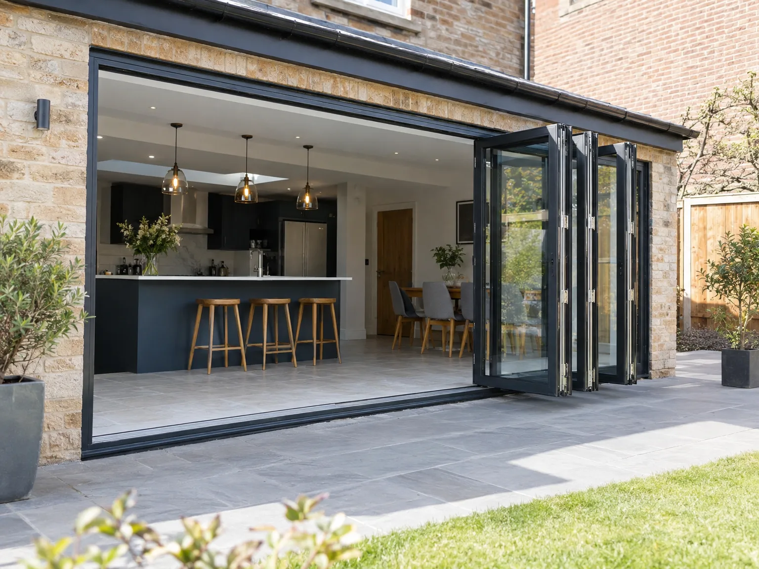 Modern rear extension with black bifold doors, contemporary kitchen with wooden bar seating and pendant lighting visible inside