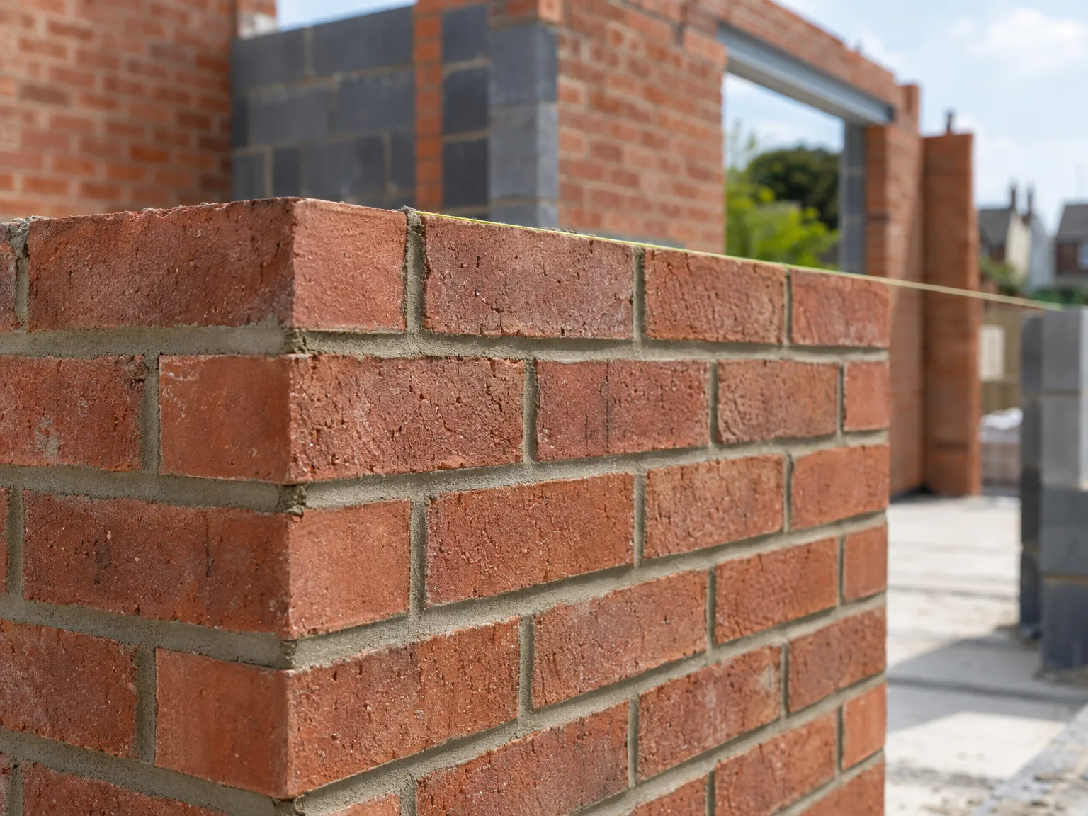 Detail of quality bricklaying work on red brick wall during new home construction