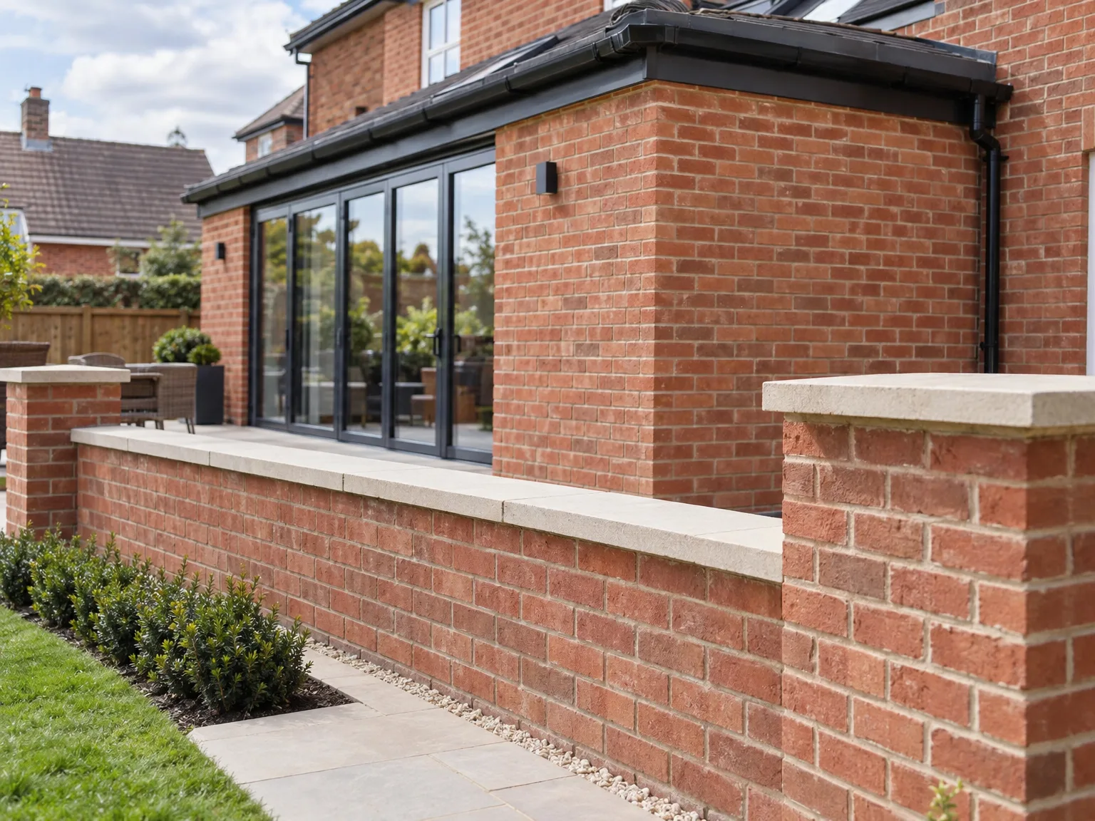 Red brick rear extension with black bifold doors and white roof coping
