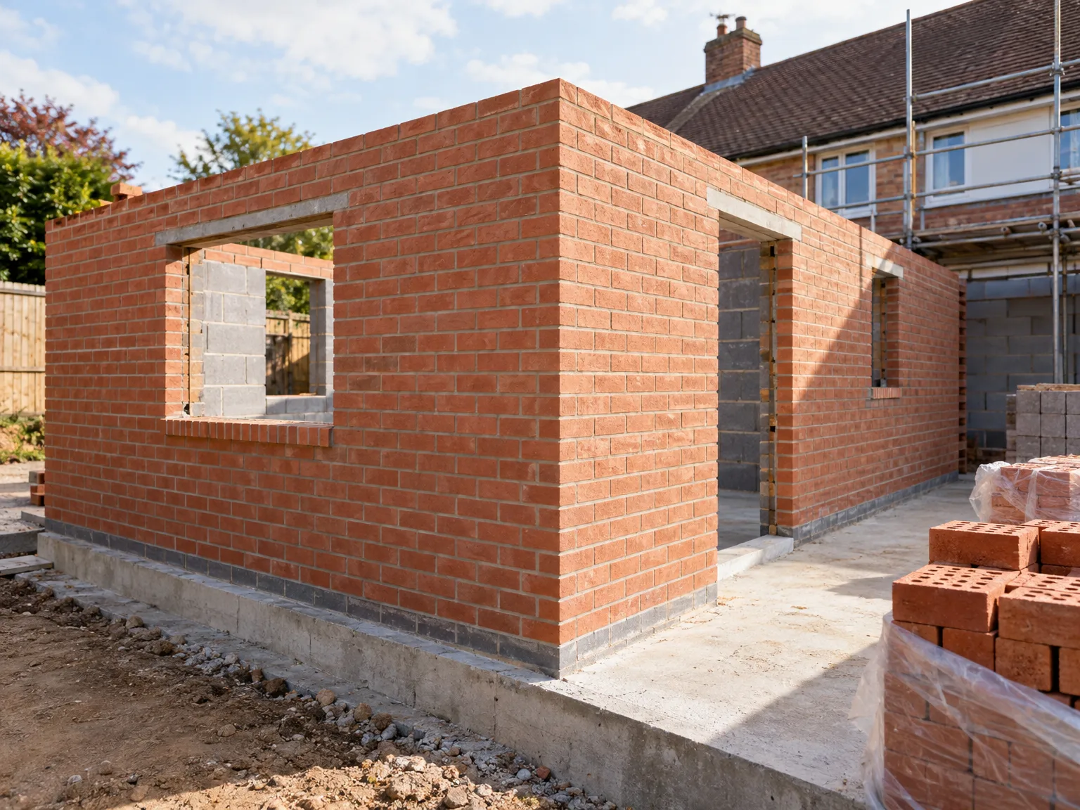 Brick new build home construction with concrete foundations and window openings