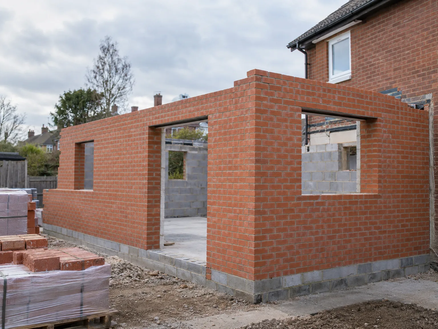 Newly built brick wall structure of two-storey house extension under construction showing large window and door openings