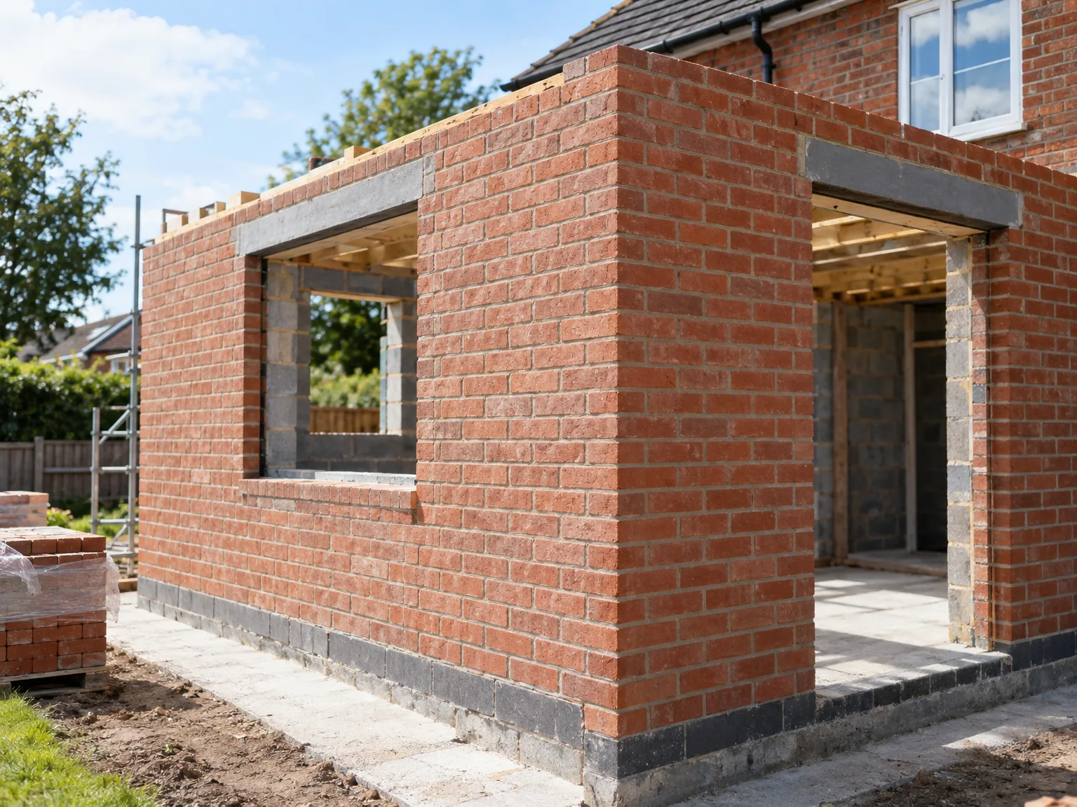 Brick structure with large open window frames during New Build Homes construction