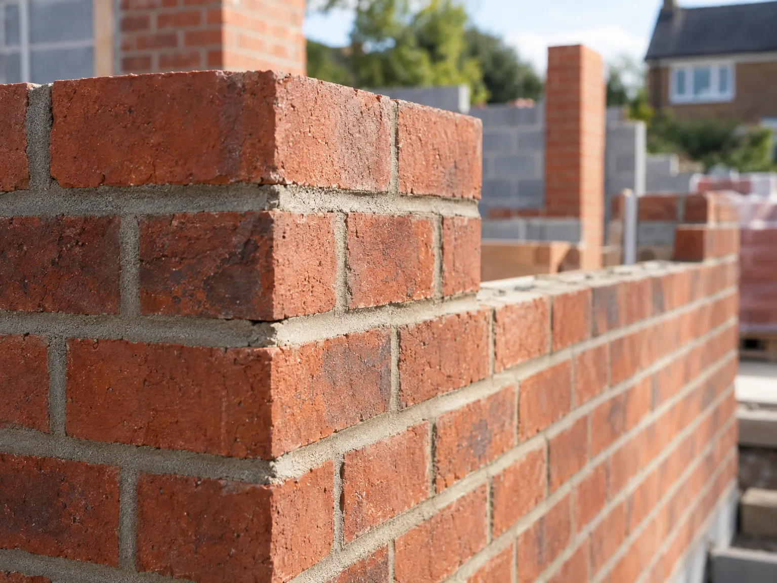 Close-up of professional brickwork showing red bricks with mortar joints