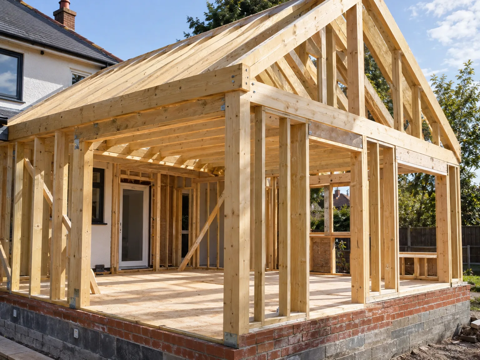 Timber frame structure for single storey extension showing carpentry stage with window and door frames on existing house