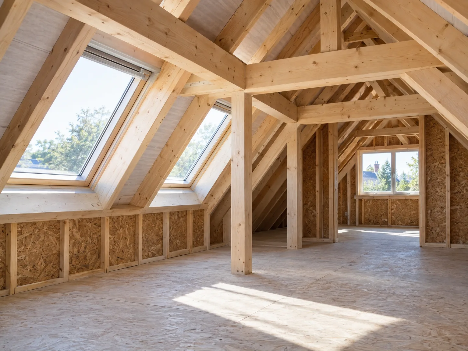 Spacious loft conversion during construction featuring exposed wooden beams, thermal insulation, and roof skylights providing natural light