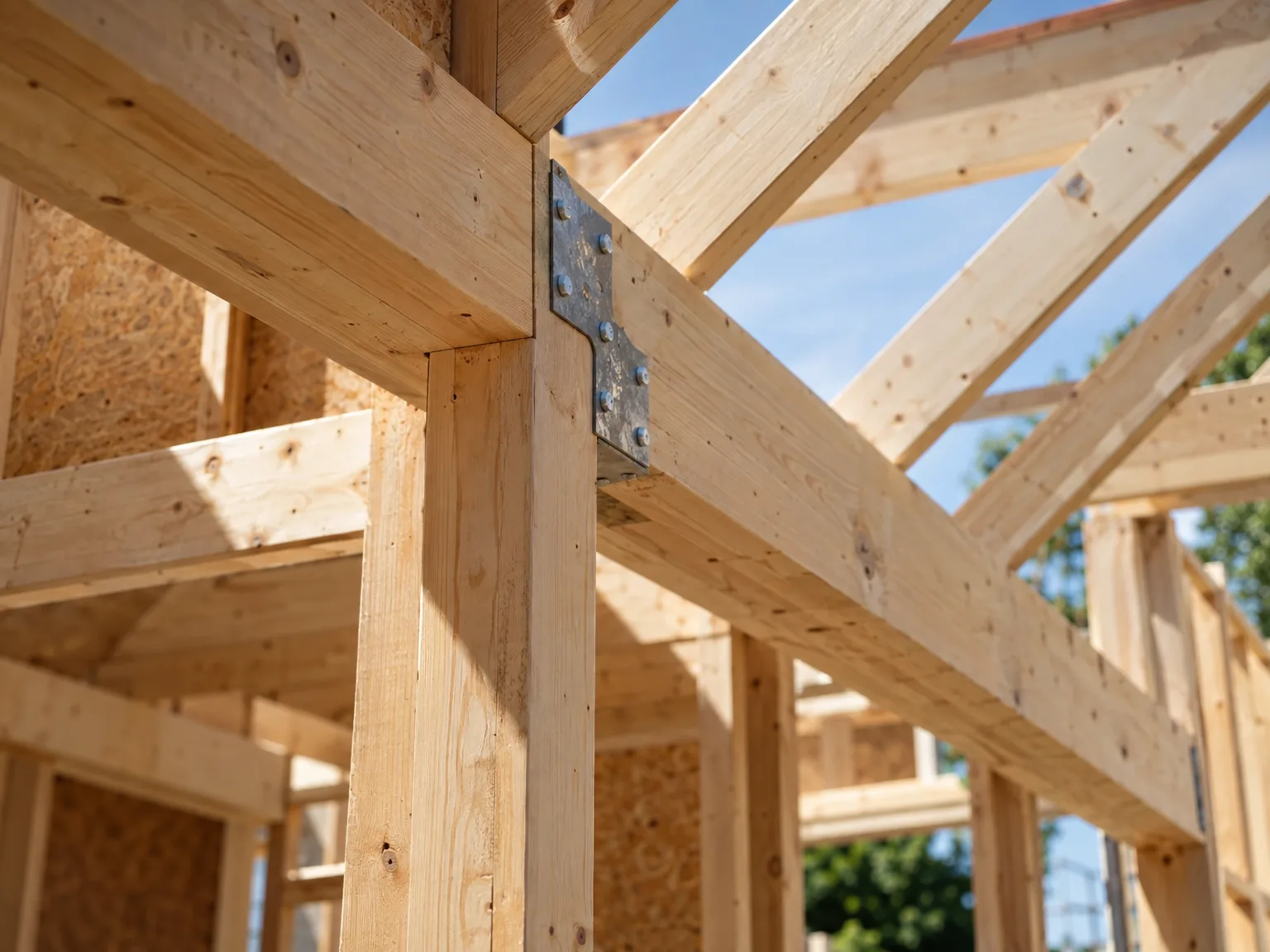 Timber frame roof structure with metal connectors during new building construction