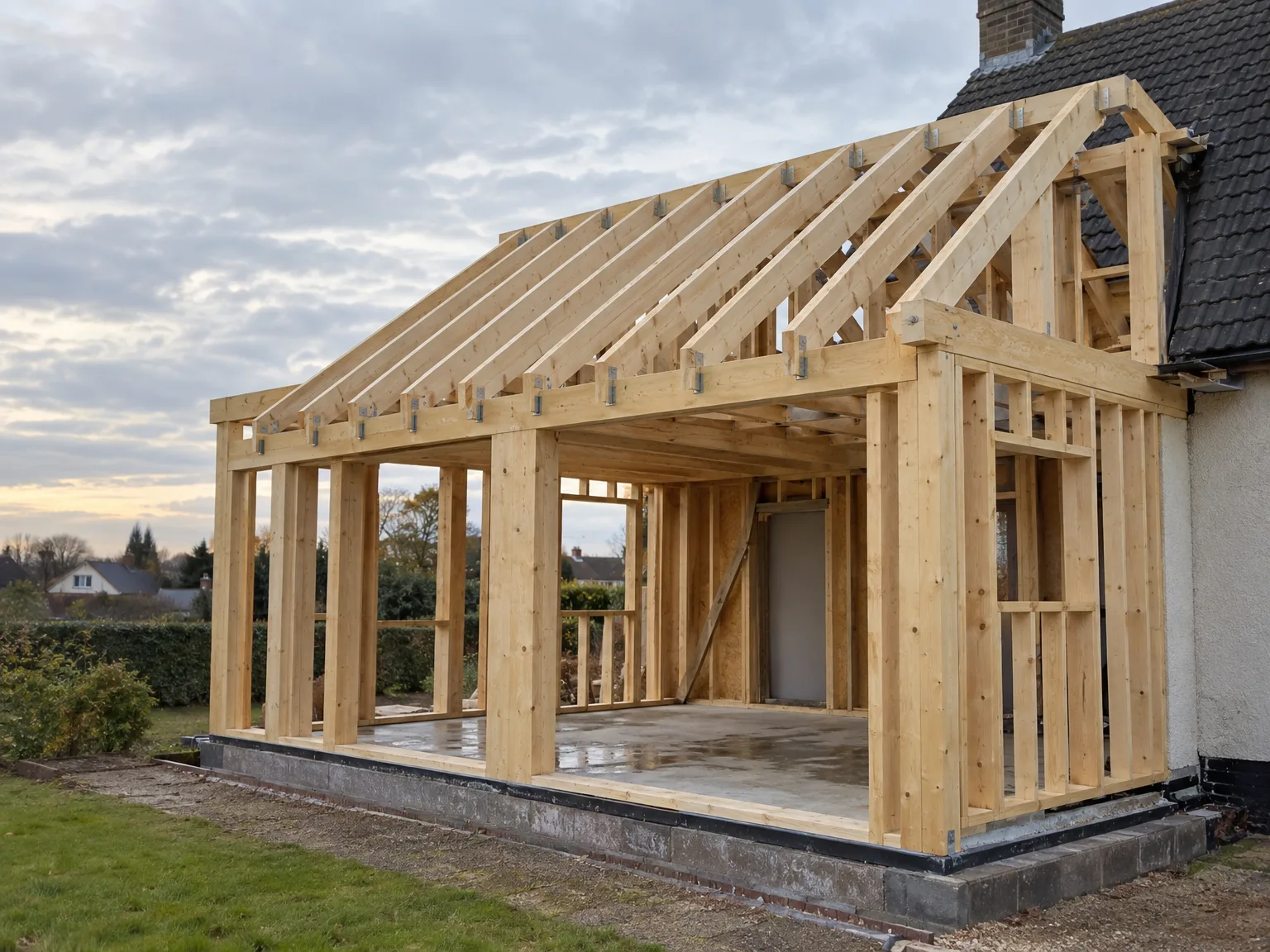 Wooden frame single storey extension under construction with pitched roof and timber structure