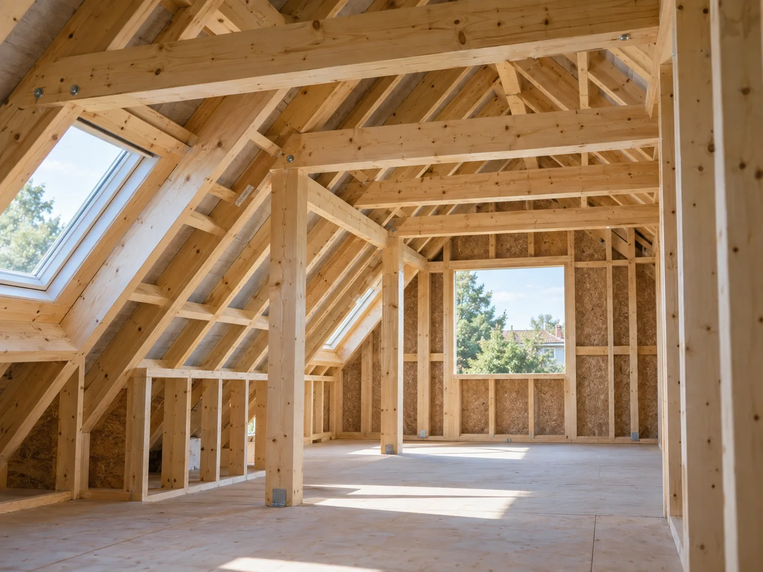 New build home interior showing wooden roof frame with thermal insulation and installed skylights