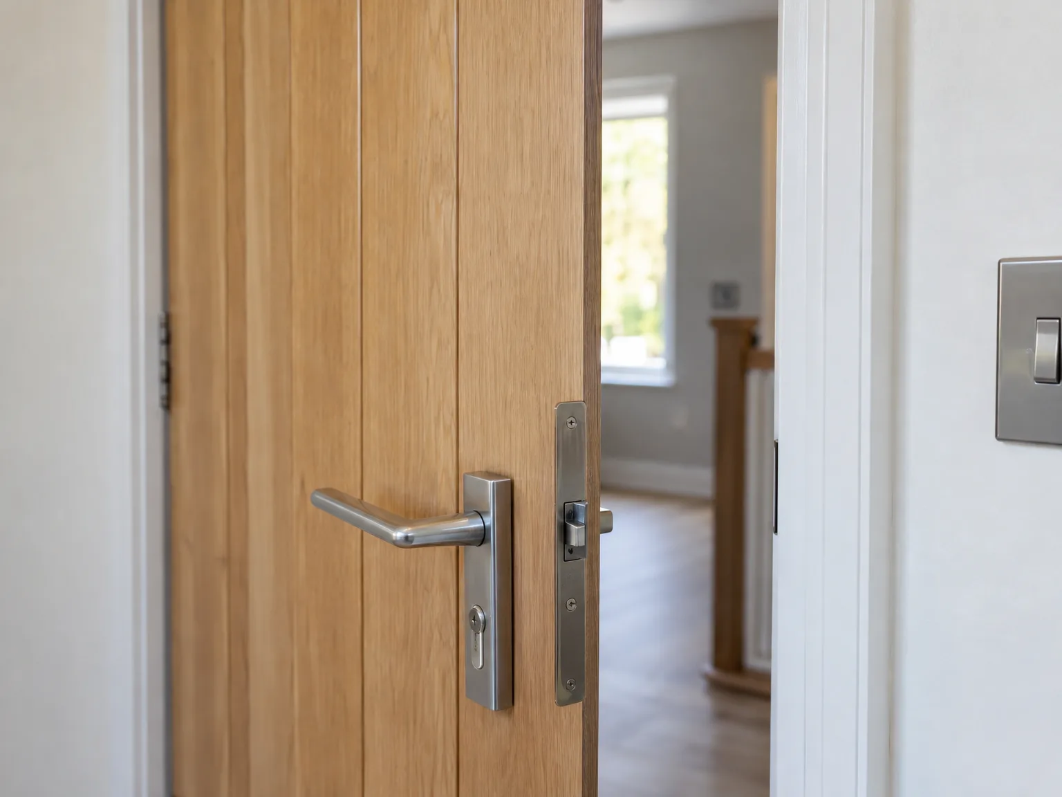 Contemporary wooden double doors with chrome hardware opening to bright home interior