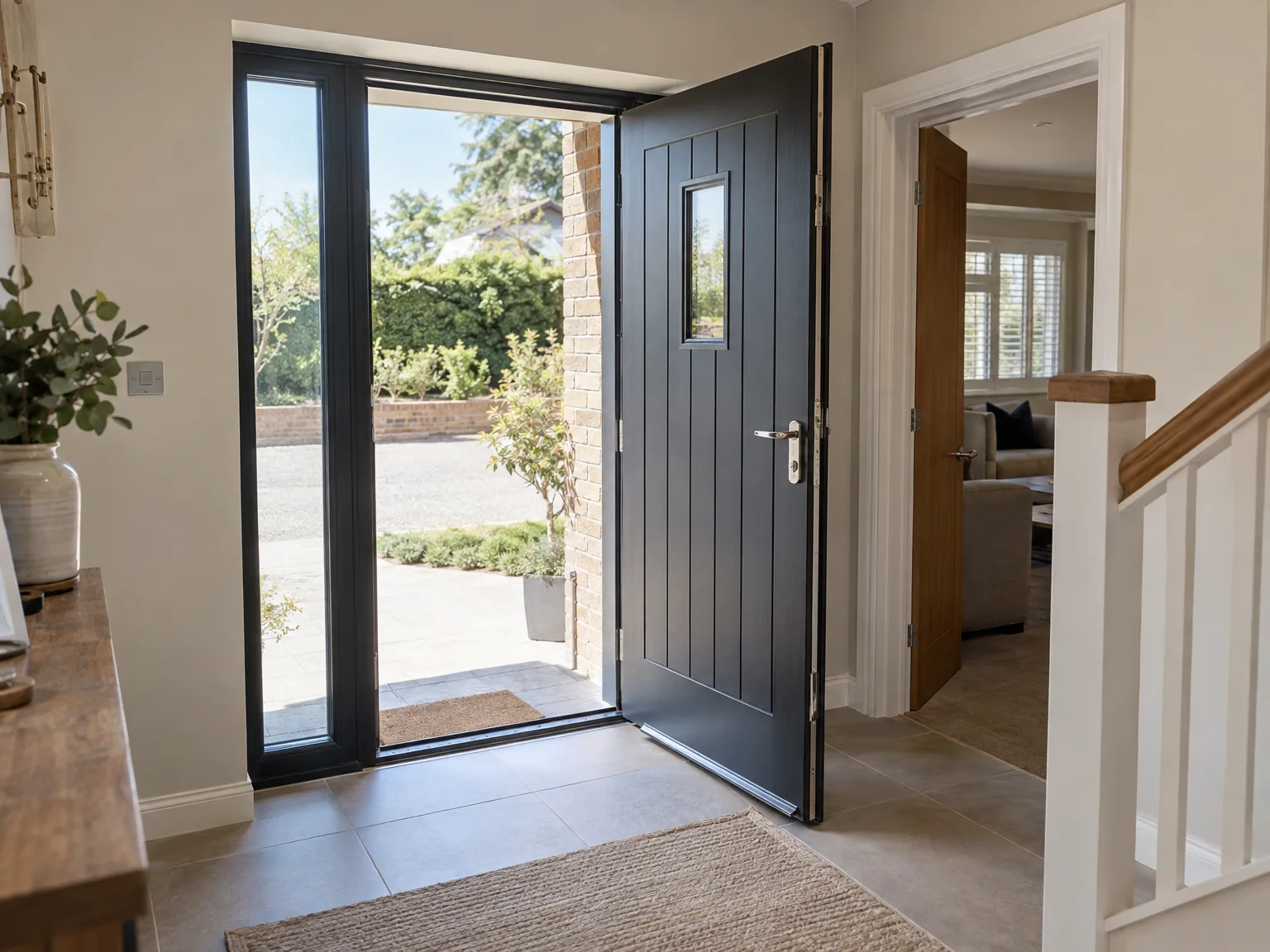 Contemporary home entrance with black bifold sliding doors and modern entry door