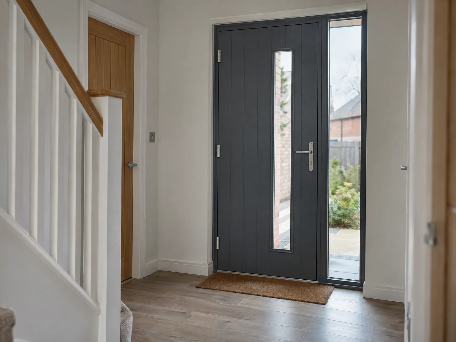 Black modern entrance door with side window in bright white hallway