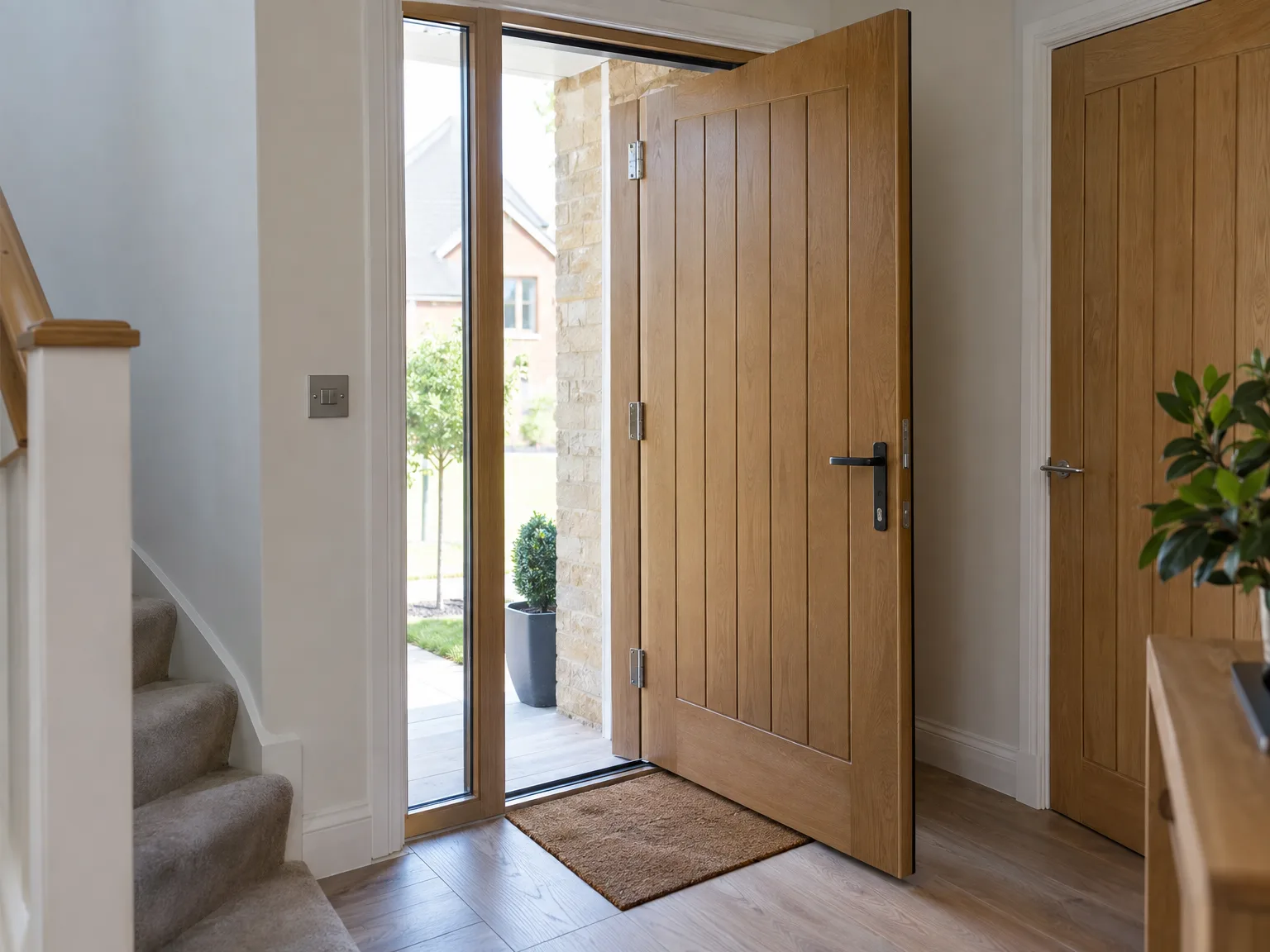 Wooden interior doors in bright hallway with glass entrance and natural light
