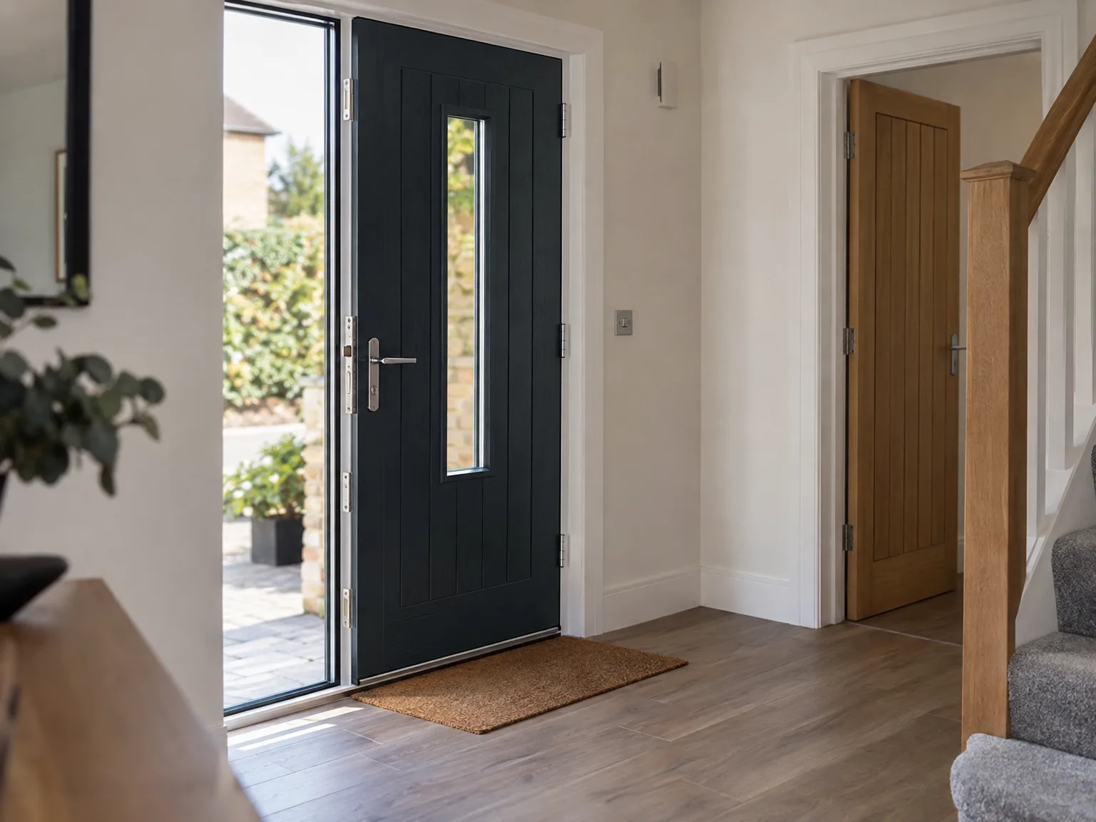 Modern black entrance door with glazed sidelights in home hallway with wooden floors and staircase