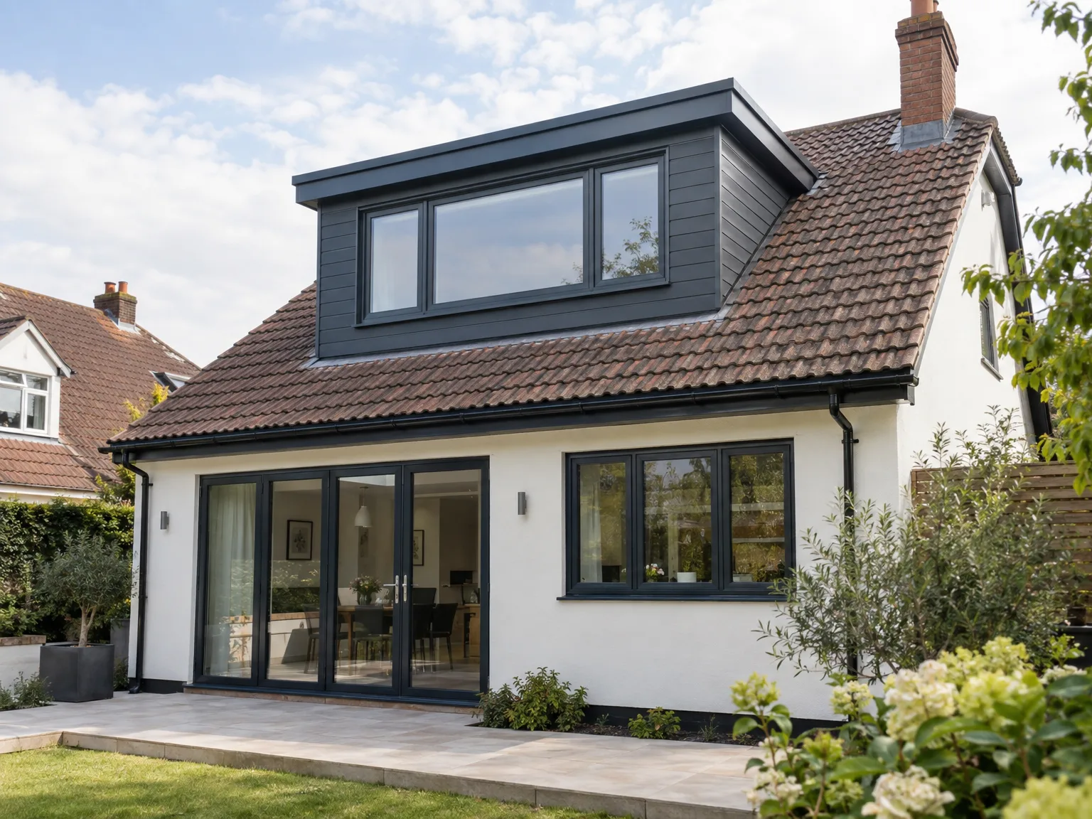 Modern two storey extension featuring large bifold sliding doors and extensive black-framed glazing