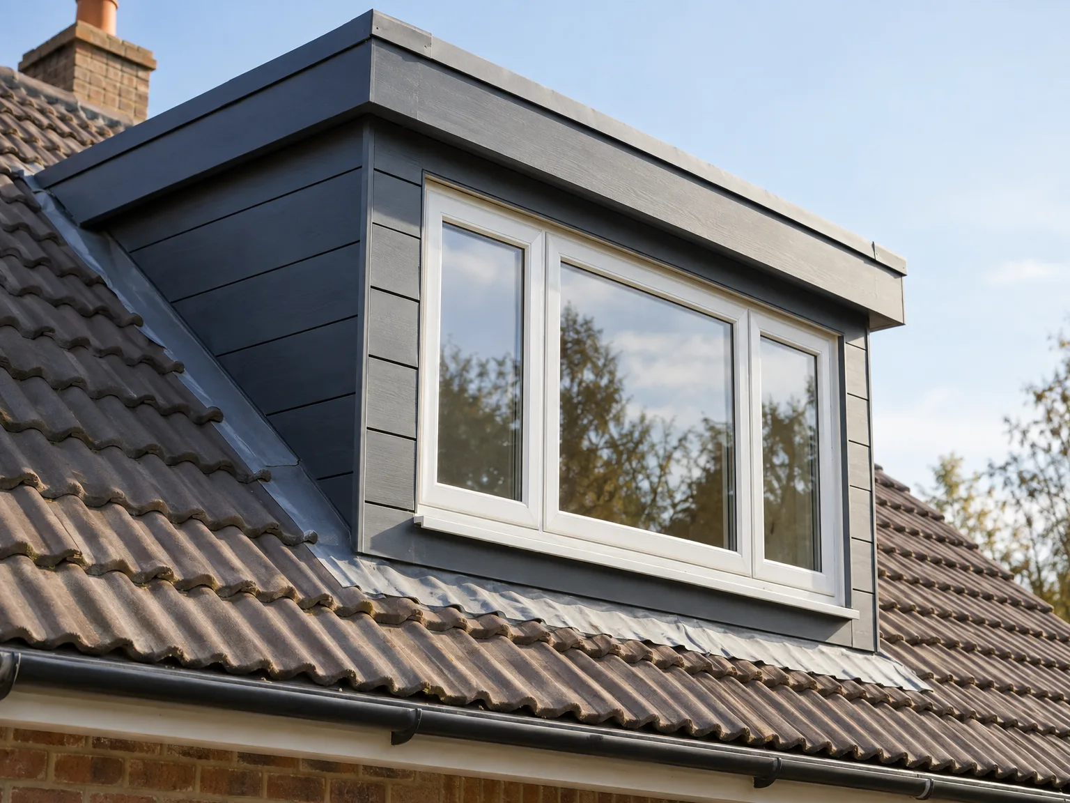 Dormer loft conversion with premium double-glazed windows and grey cladding on home roof extension