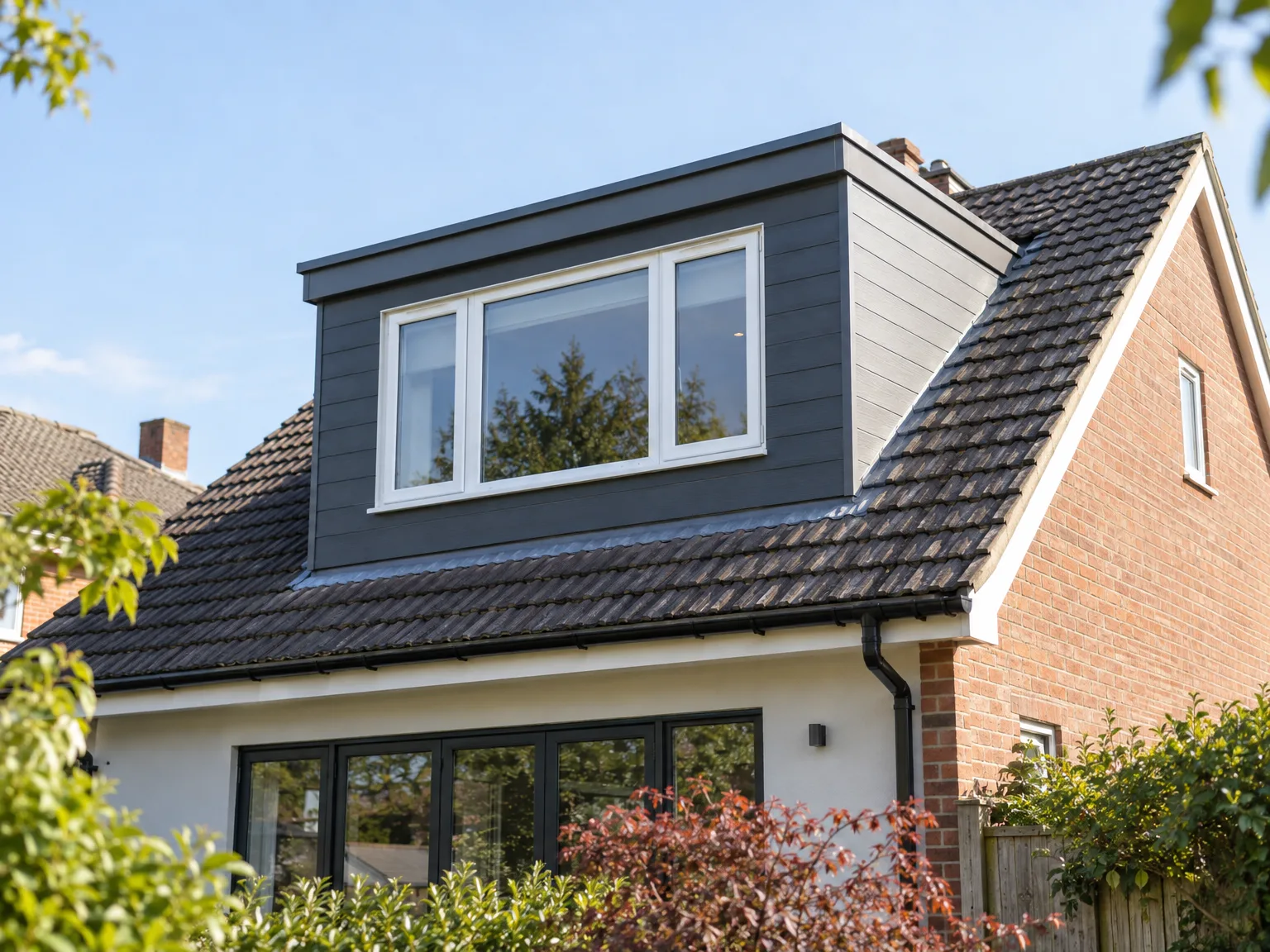 Contemporary dormer loft conversion with dark cladding and large fixed windows above brick home