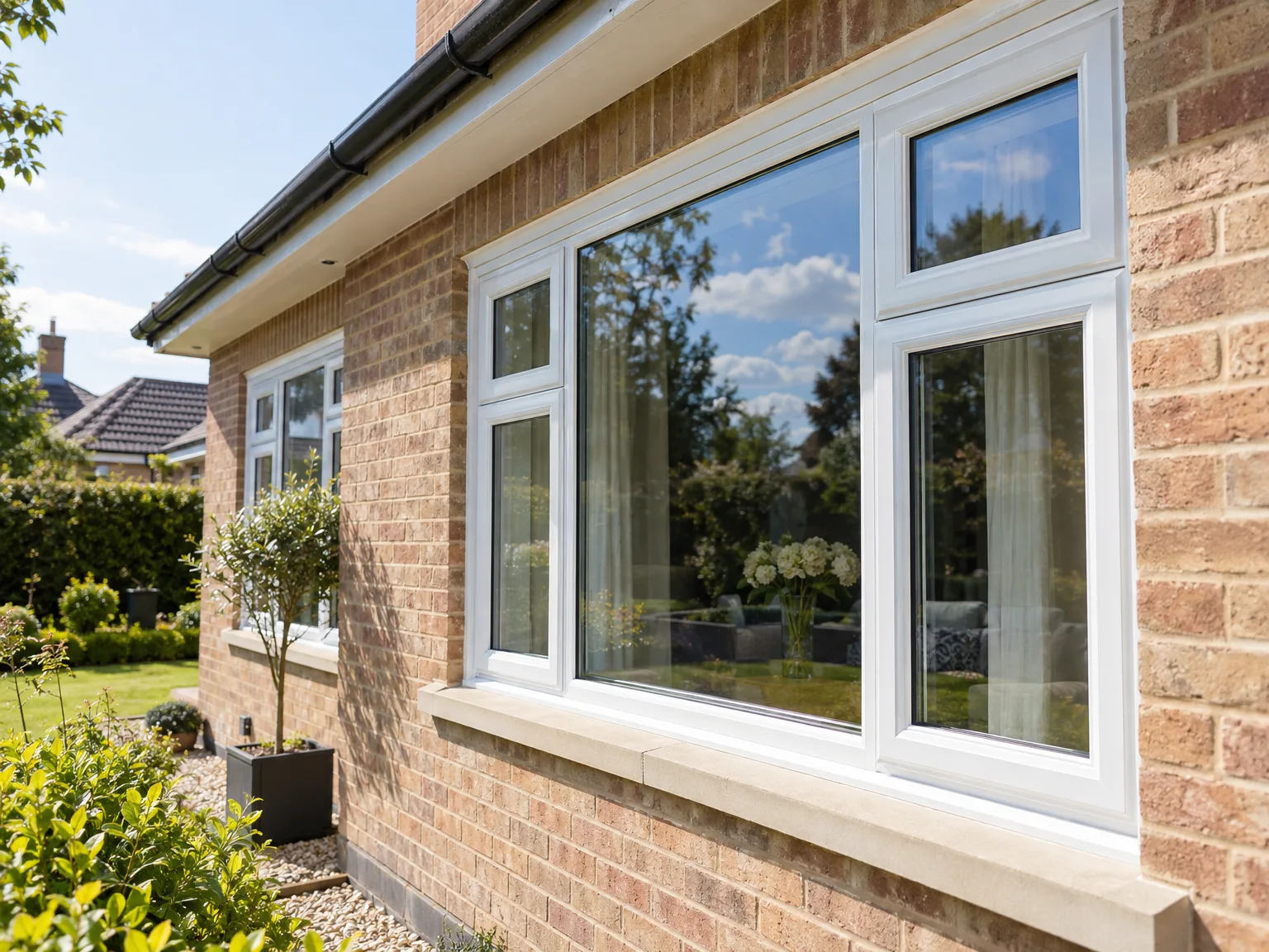 Newly installed white-framed double glazing windows on brick residential house exterior