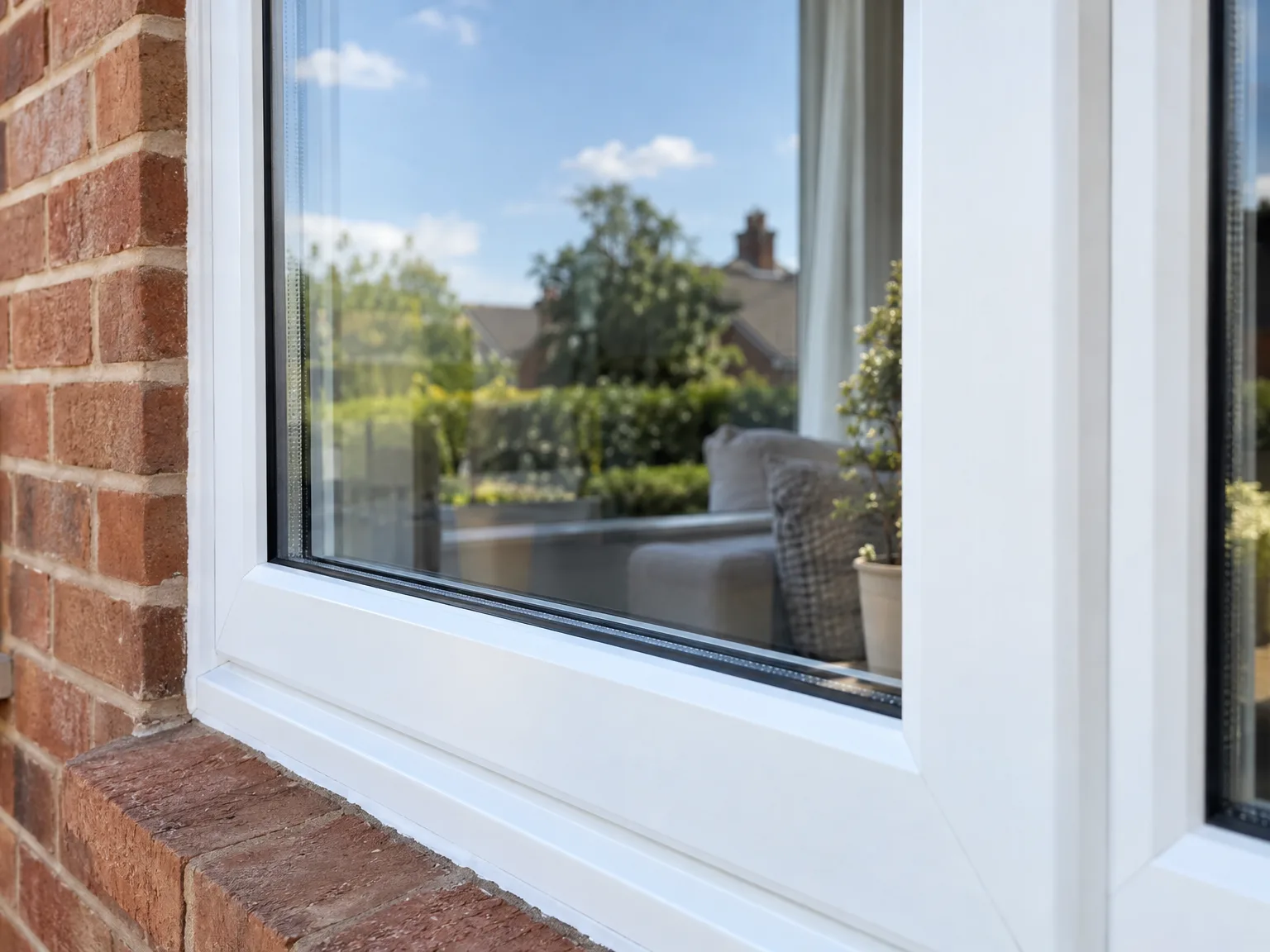 White-framed window with dark glazing fitted to red brick wall exterior