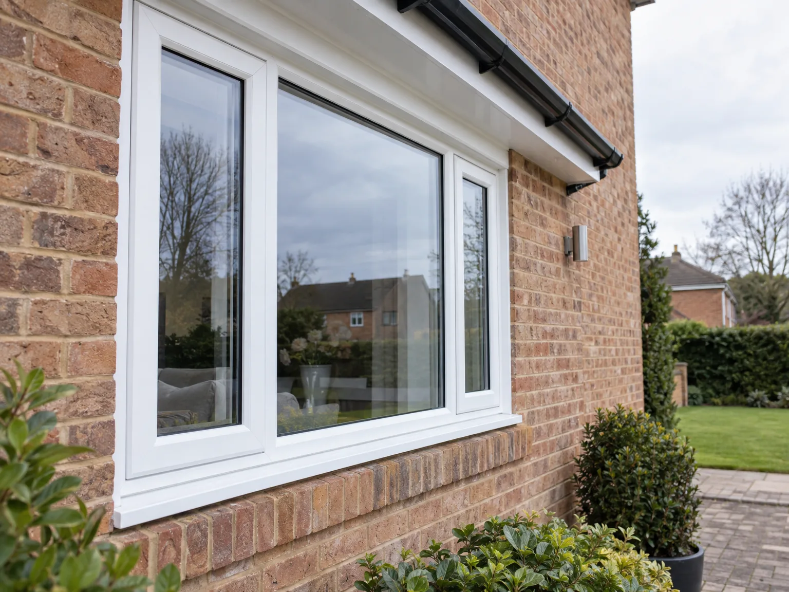 Modern white window installation on brick house exterior with professional finish