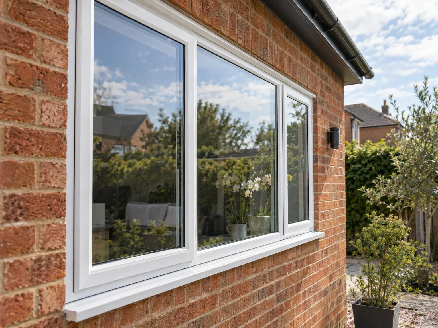 White framed double glazed windows installed in red brick house facade