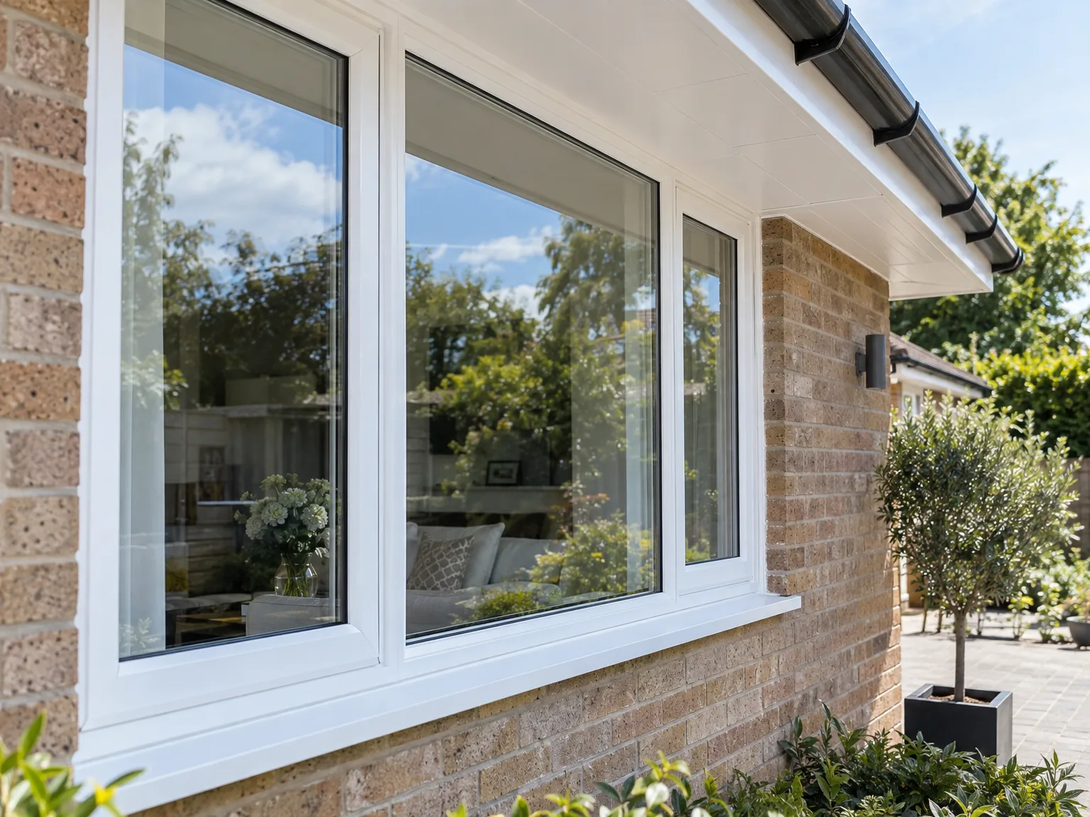Large white-framed double glazed windows installed in brick home exterior