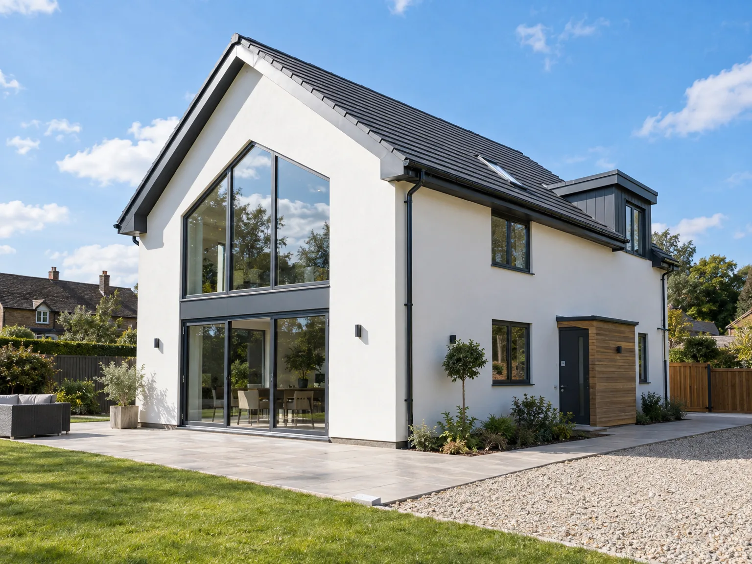 Modern new build home with white walls, black roof, large glazing and paved terrace area