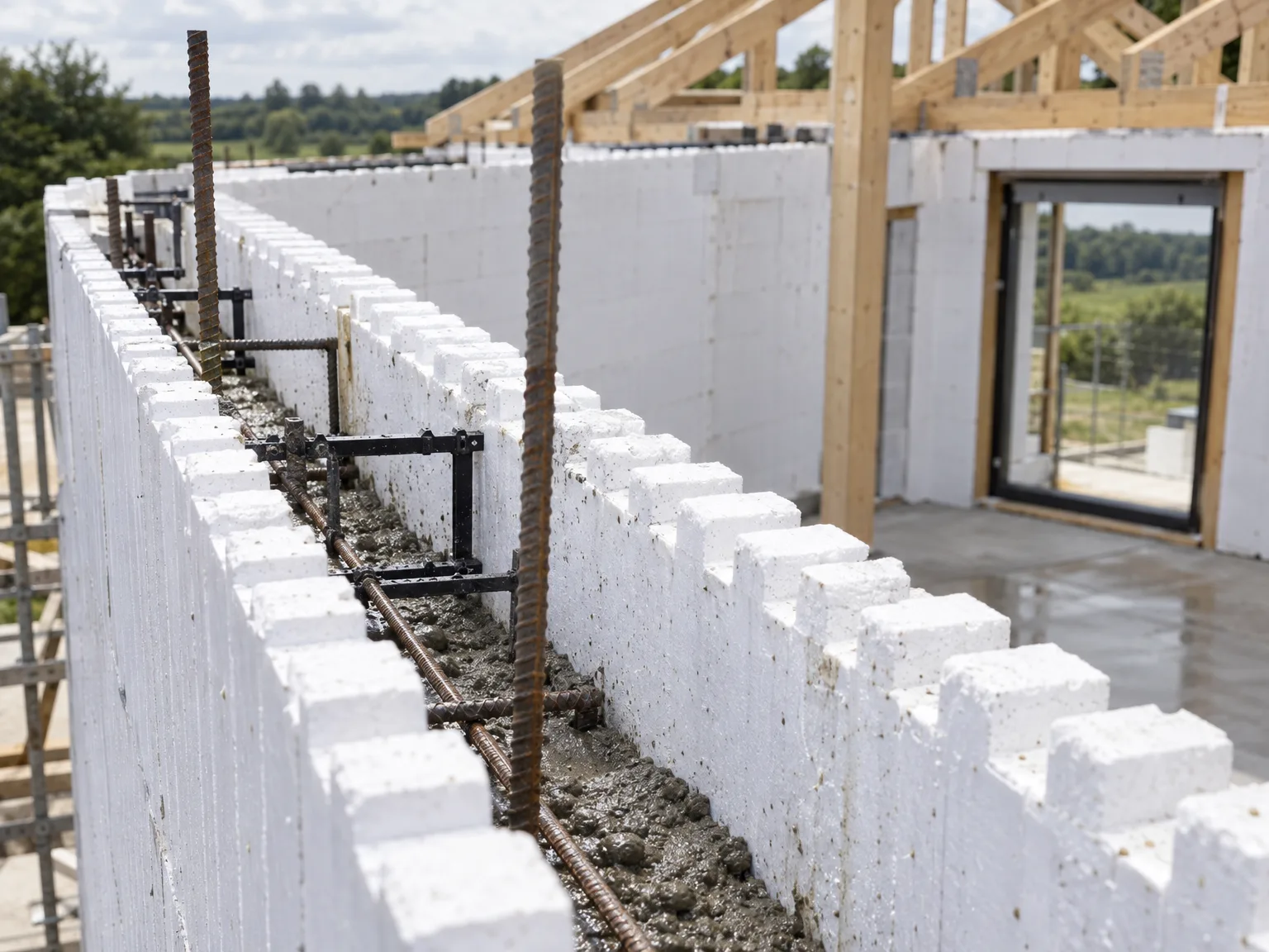 White ICF concrete blocks with metal reinforcement and timber roof framing on new build construction