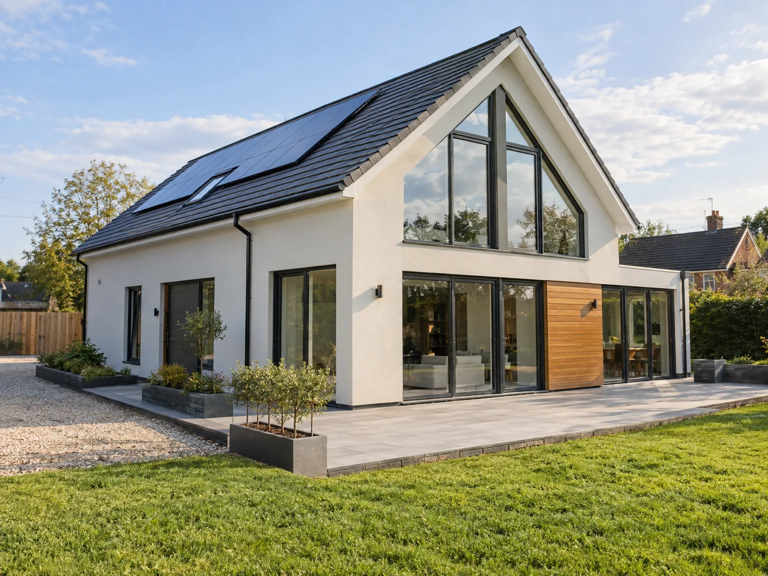 Solar panel installation on modern home with dark roof and contemporary window design