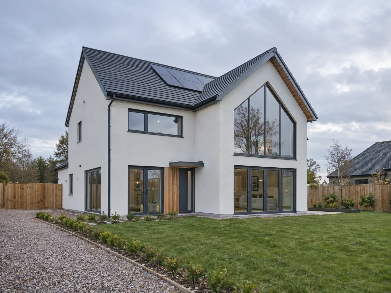 Modern new build home with white render, slate roof, and solar panels