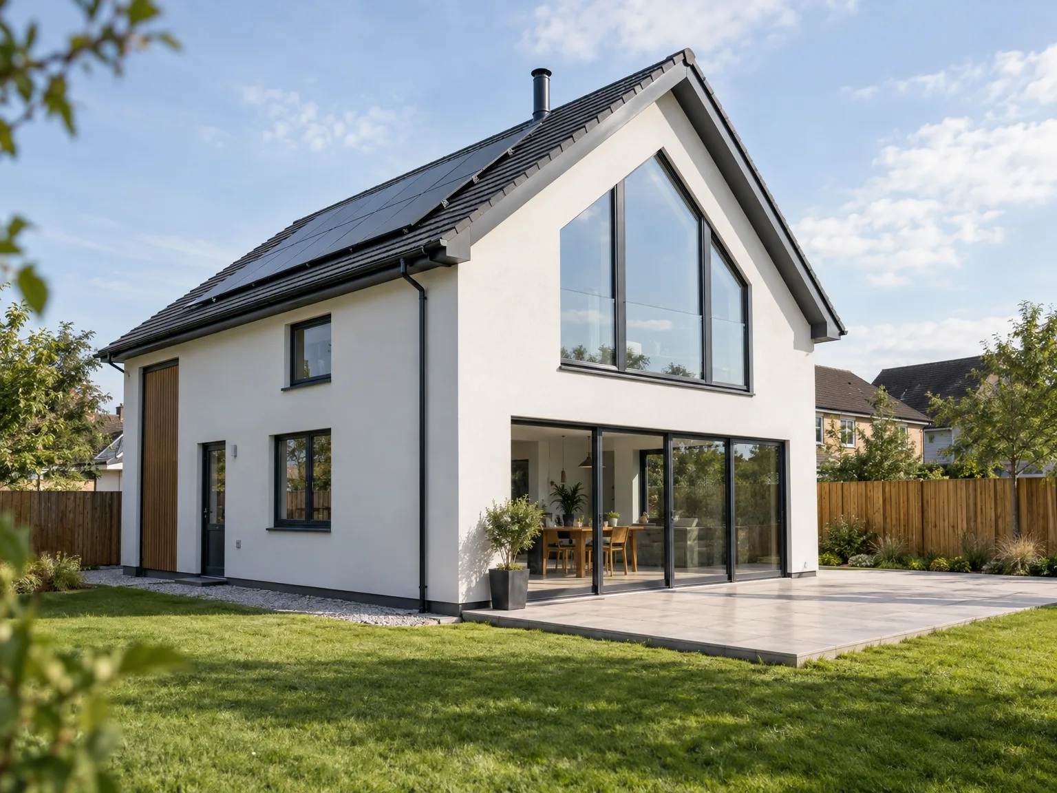 Modern new build home with white render, black gable roof, large glass windows, patio, and manicured lawn