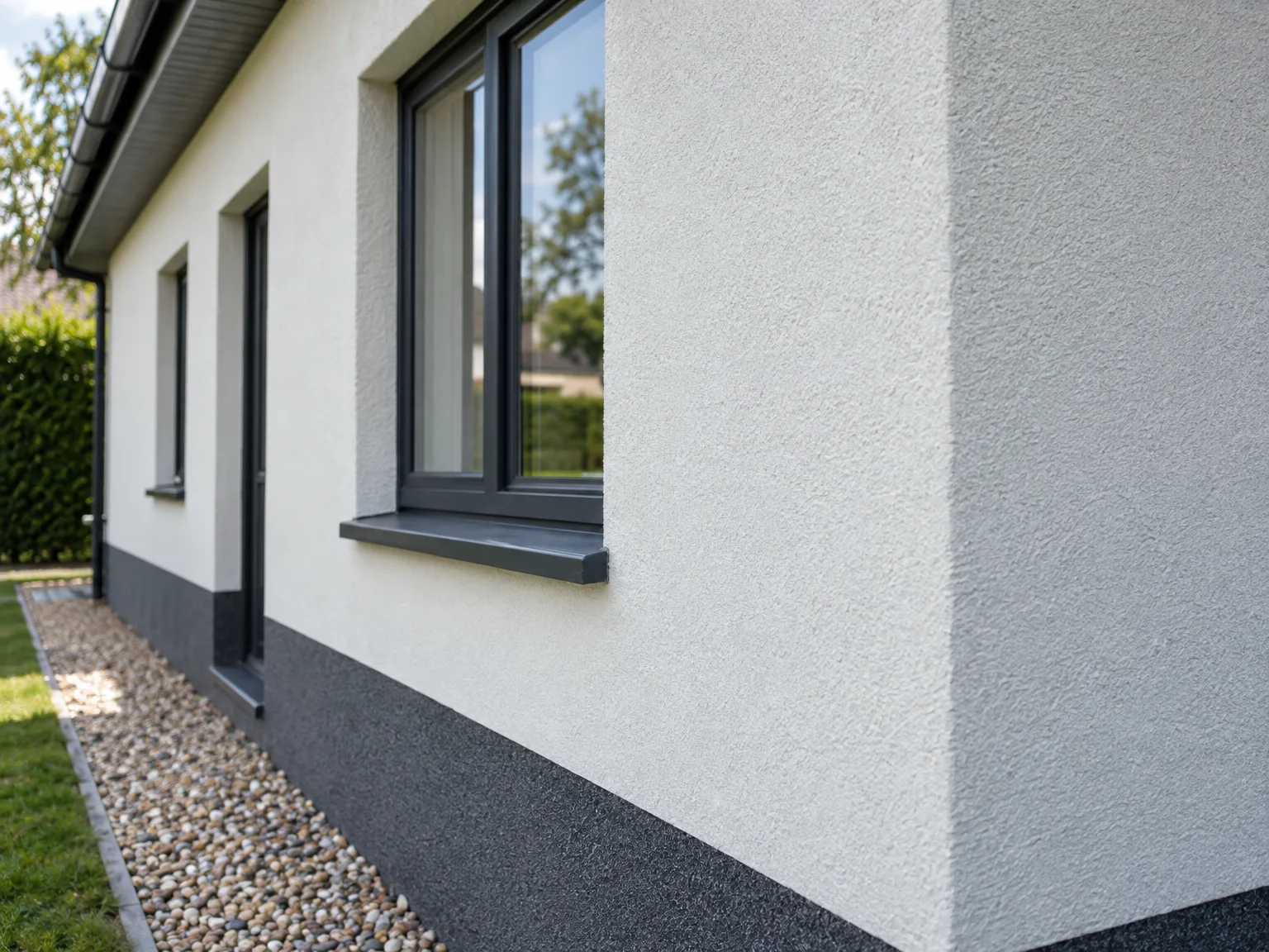 Modern new build home with white rendered walls, black-framed large windows, and dark plinth detailing