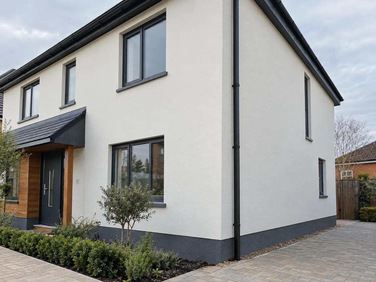 Renovated home with white render facade, black windows and roof, timber entrance cladding, and landscaped garden