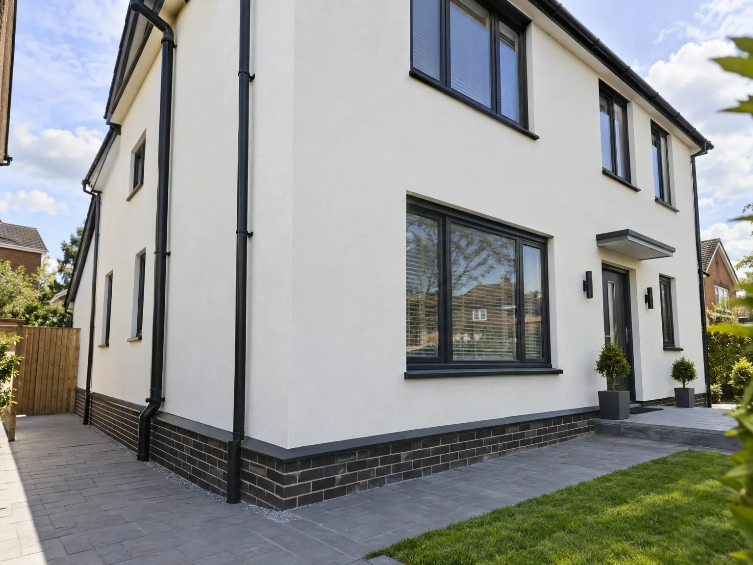 Modern house with white render, large black-framed windows and dark brick plinth details