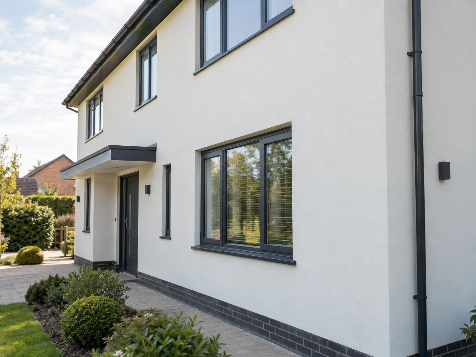 Modern new build home with white render exterior, large black-framed windows and landscaped front garden