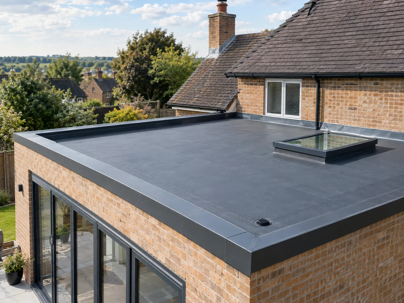 Two-storey flat roof brick extension with large windows and skylight overlooking countryside