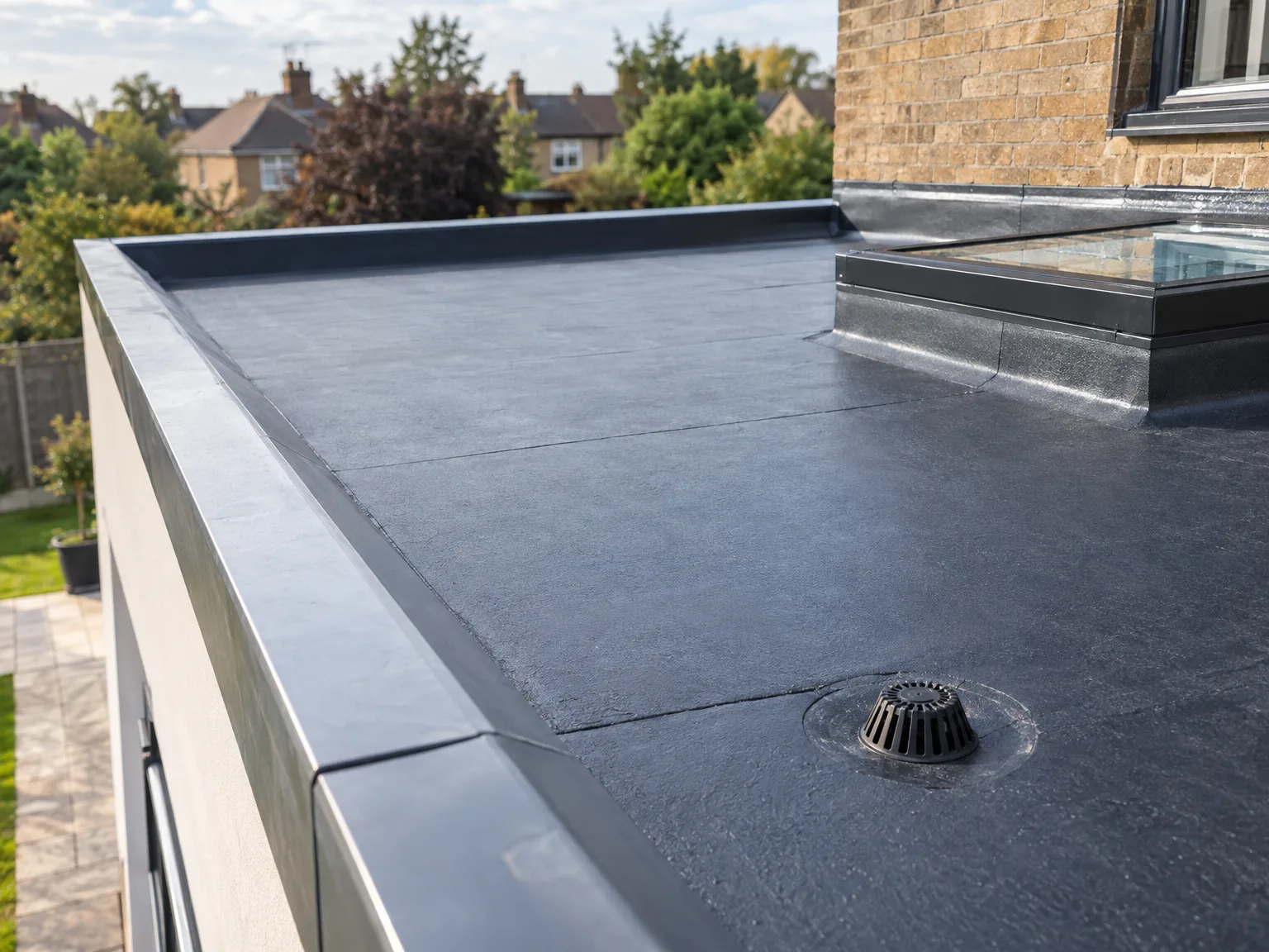 Flat roof installation with dark waterproof membrane and dome skylight overlooking residential area