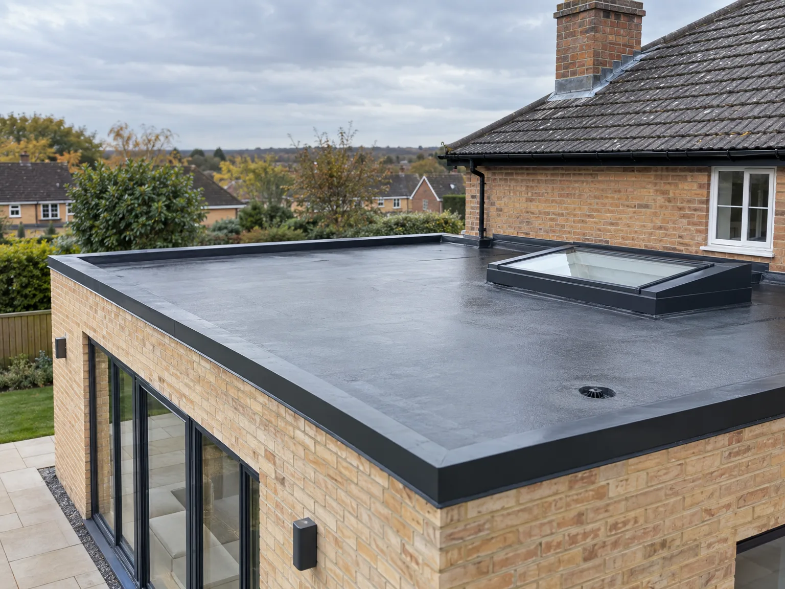 Modern flat roof loft conversion with skylights and bifold doors, overlooking countryside