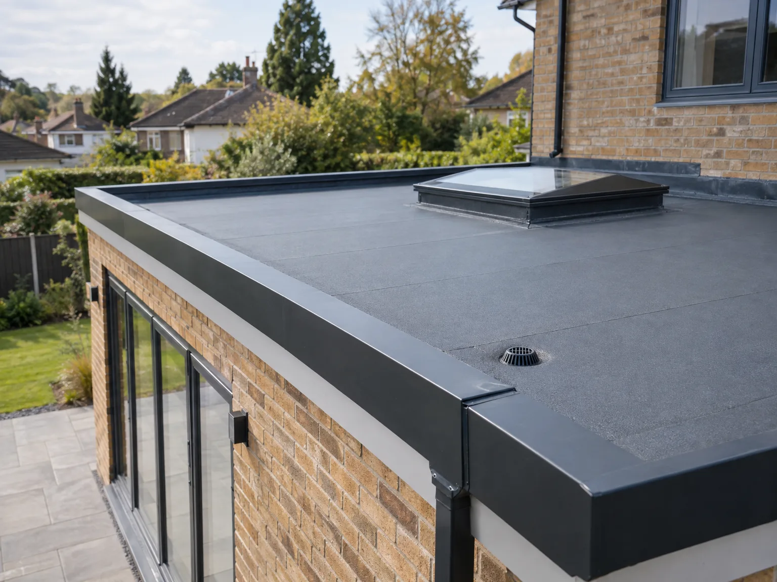 Flat roof with dark waterproof membrane, skylight and ventilation installed on brick building