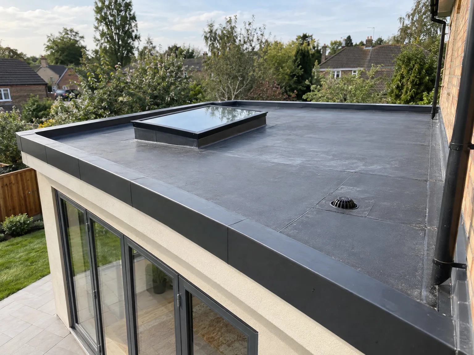 Completed rear extension featuring flat roof with dark membrane and integrated roof light window