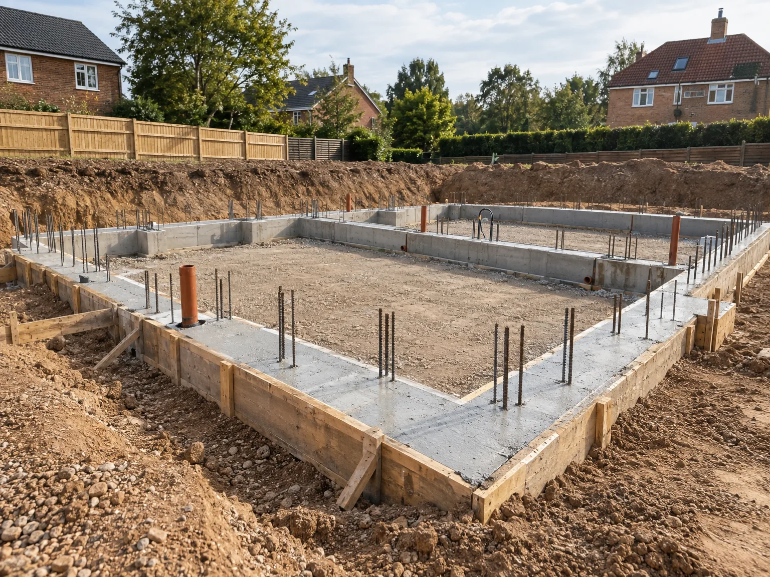Residential property foundation excavation with concrete base and steel reinforcement bars for new build construction